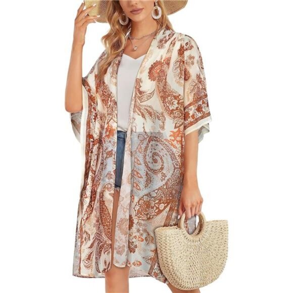 Boho Orange Paisley Printed‎ Cardigan Long Kimono Duster Bikini Swimsuit Coverup - Picture 3 of 6